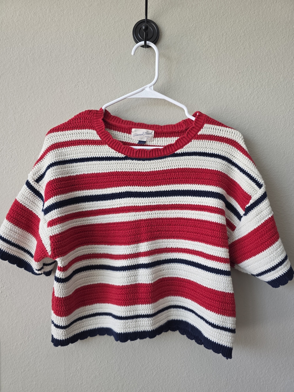 Universal Thread Red, White & Navy Striped Crochet Crew Sweater